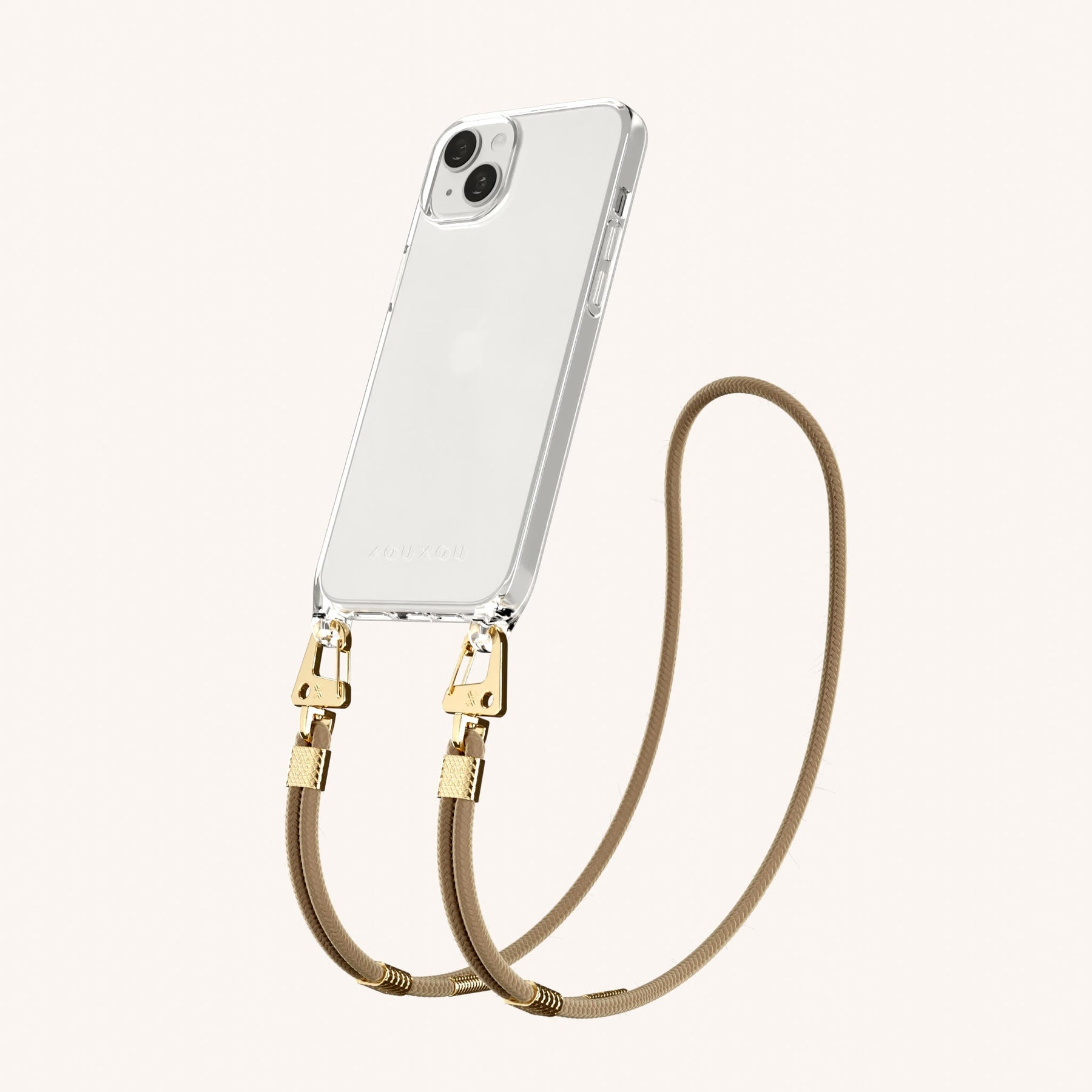 Phone Necklace with Carabiner Rope in Clear + Taupe