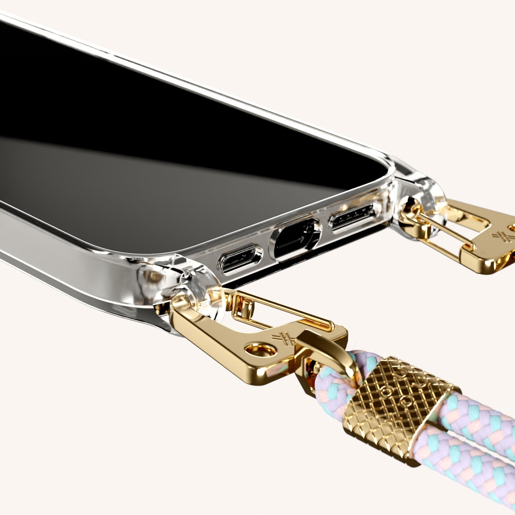 Phone Necklace with Carabiner Rope in Clear + Vibrant Pastel