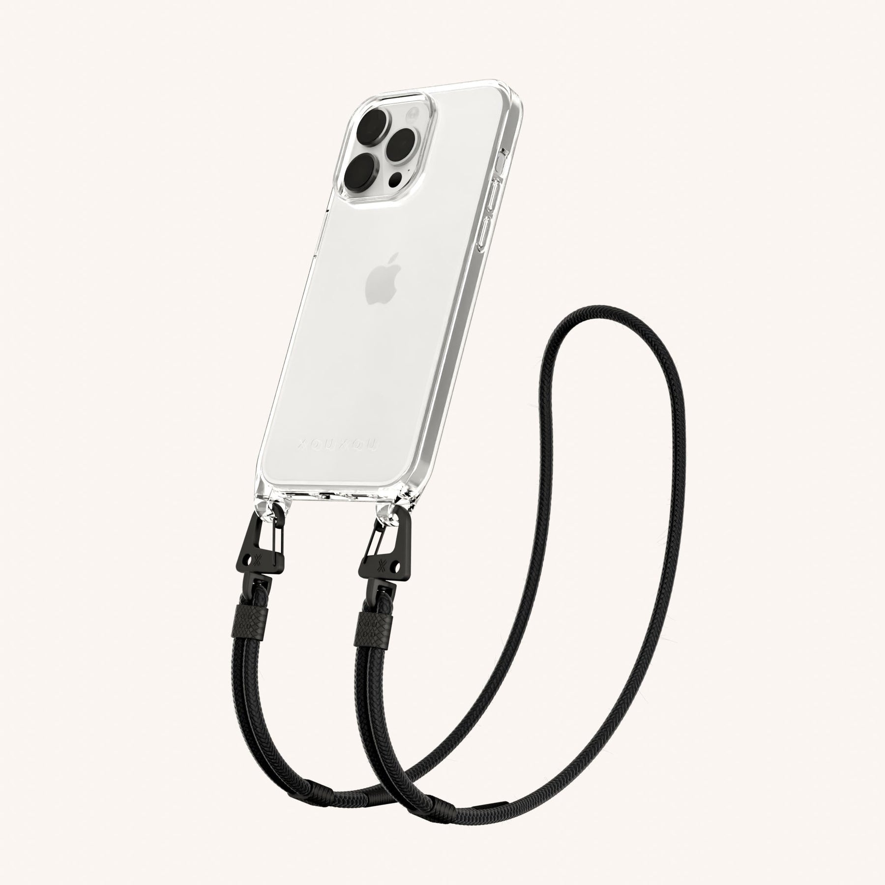 Phone Necklace with Carabiner Rope in Clear + Black