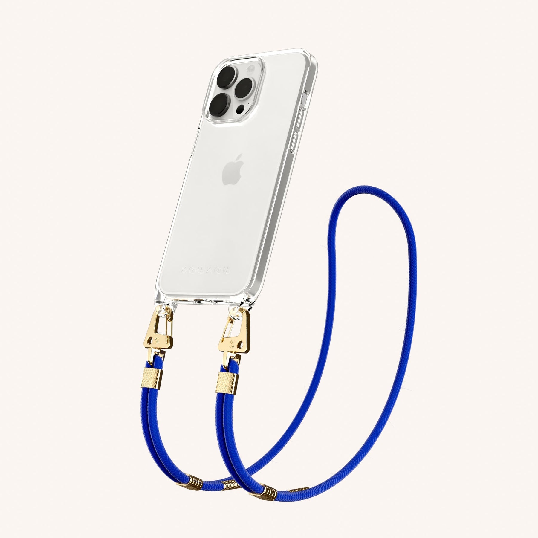 Phone Necklace with Carabiner Rope in Clear + Blue