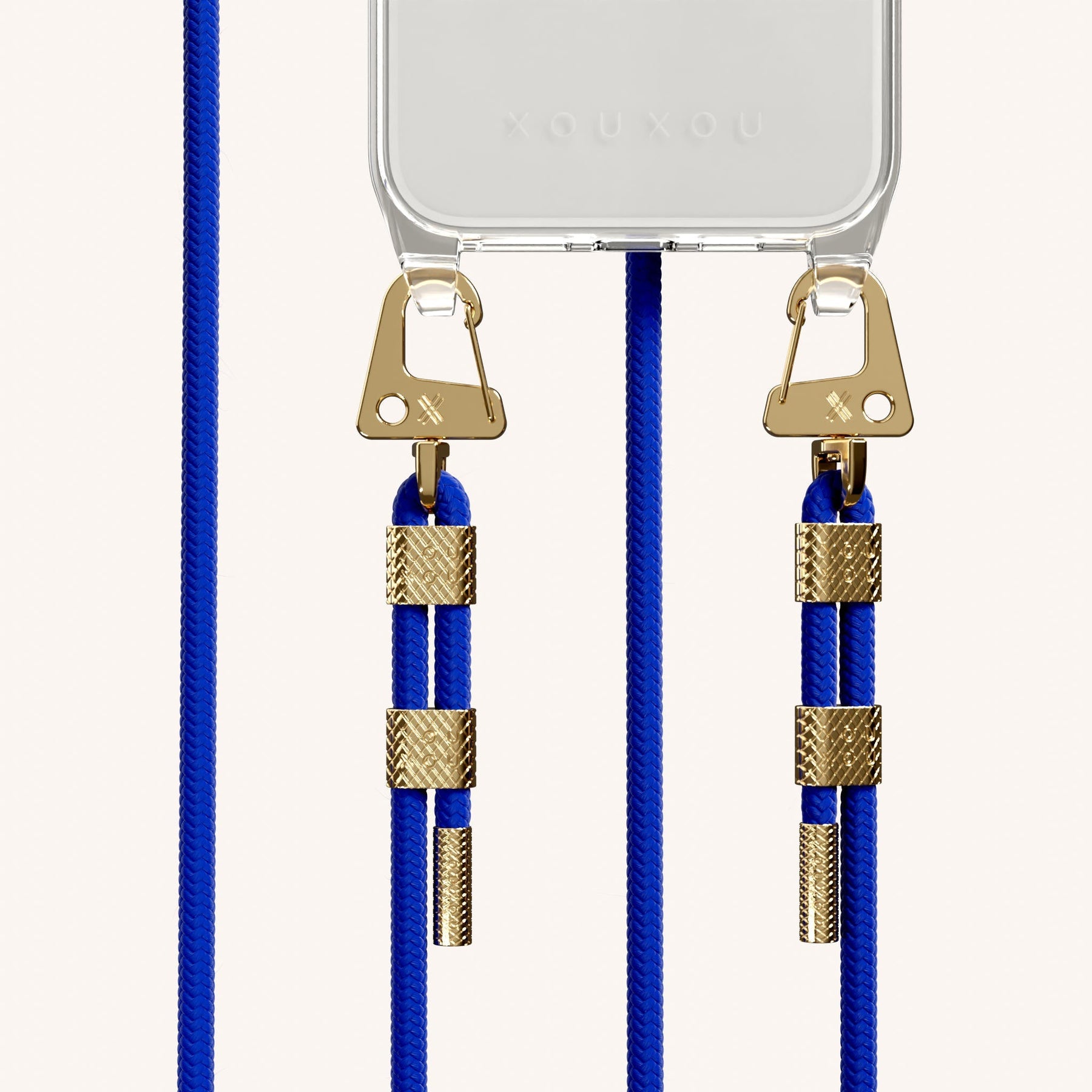 Phone Necklace with Carabiner Rope in Clear + Blue