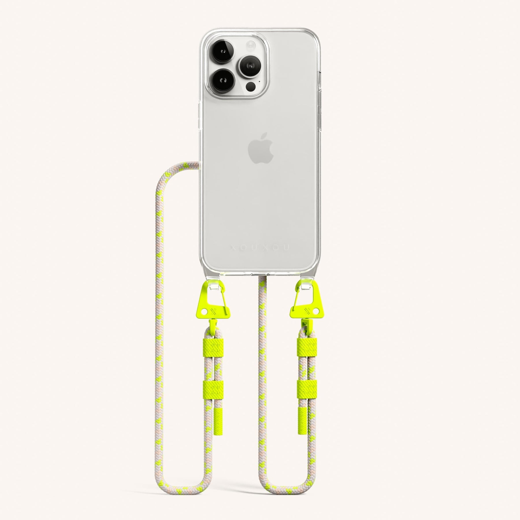 Phone Necklace with Carabiner Rope in Clear + Neon Camouflage