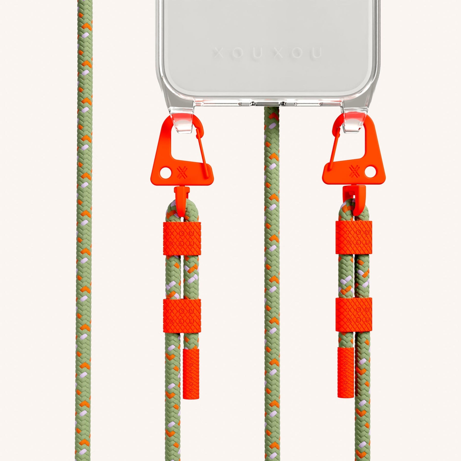 Phone Necklace with Carabiner Rope in Clear + Orange Camouflage