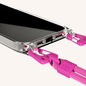 Phone Necklace with Carabiner Rope in Clear + Power Pink