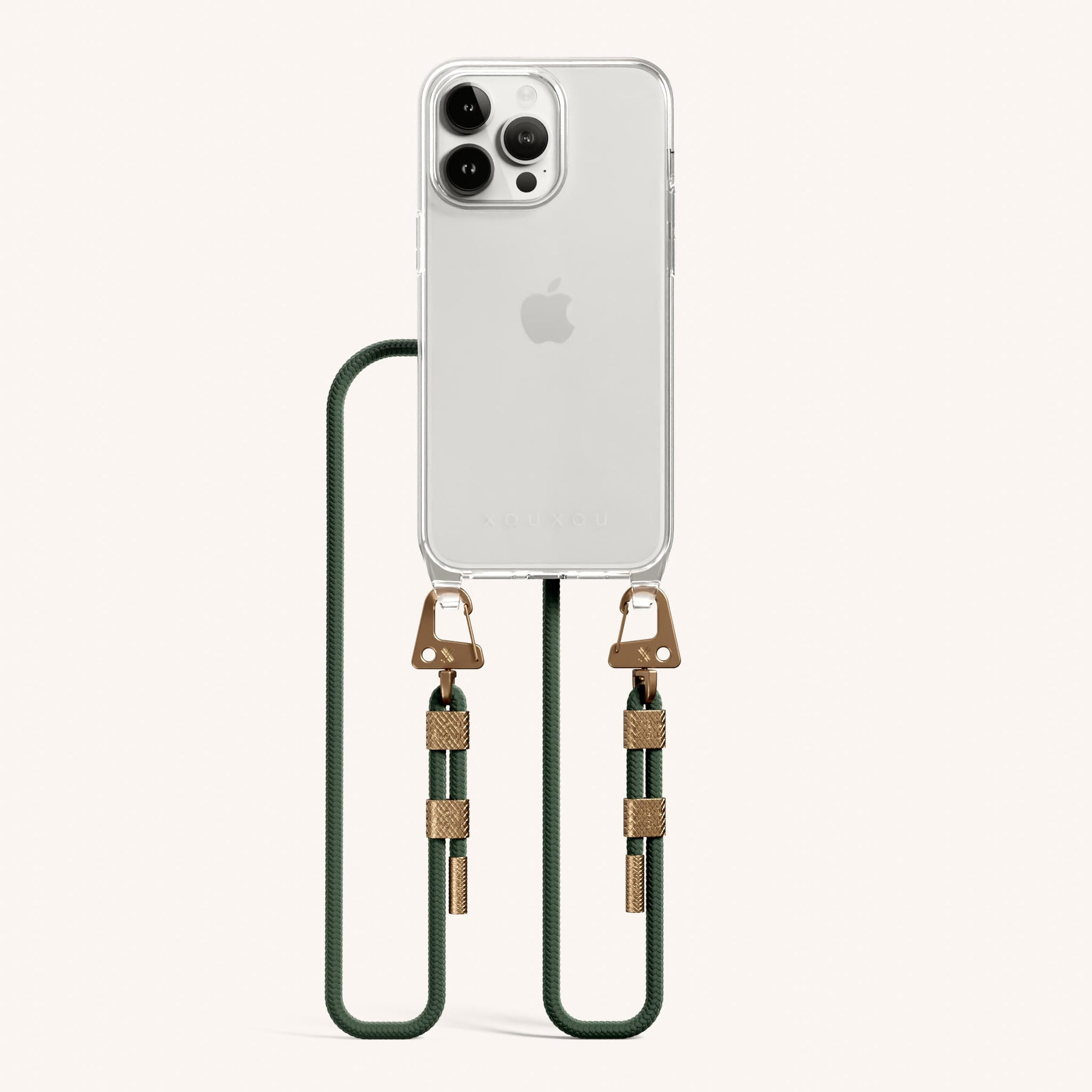 Phone Necklace with Carabiner Rope in Clear + Sage