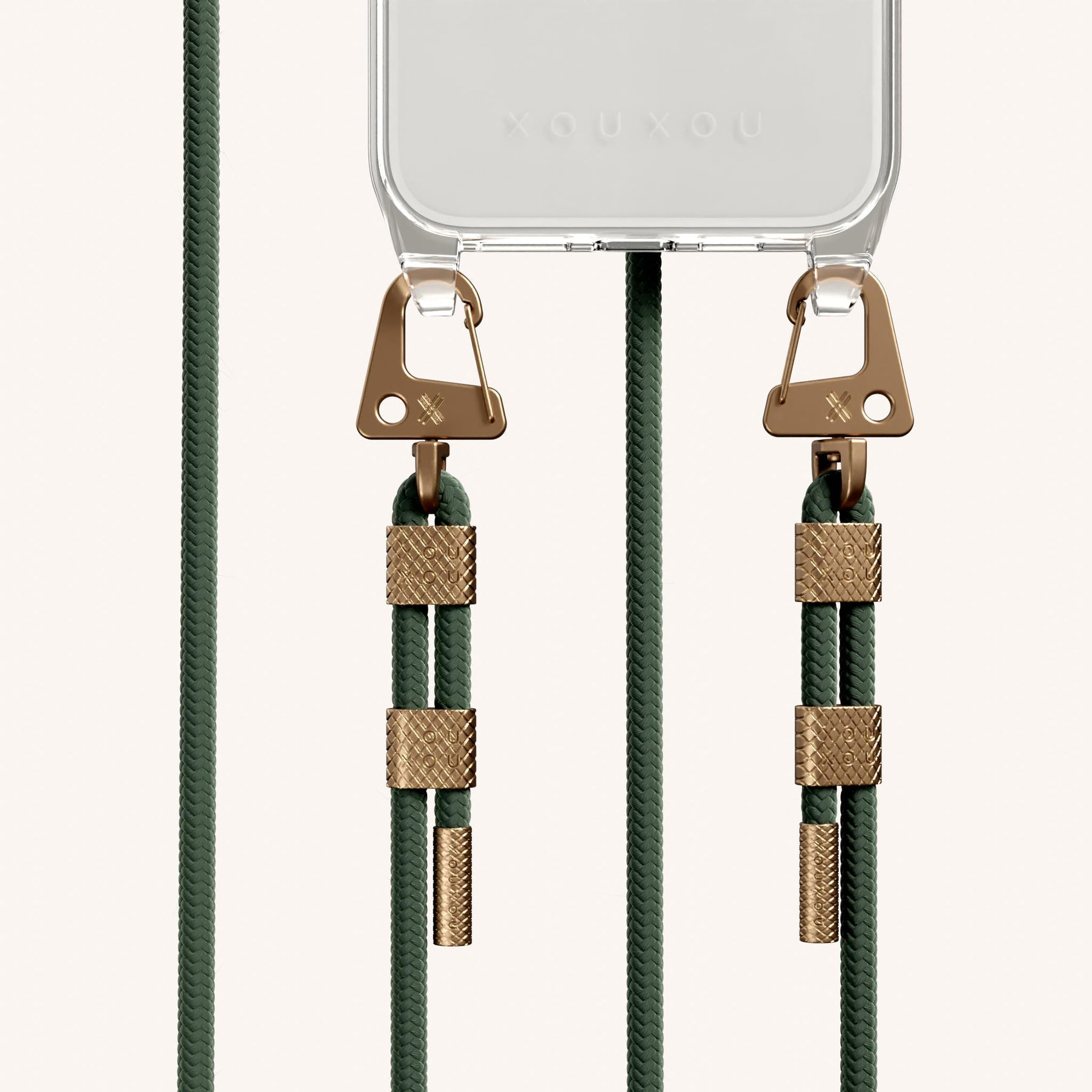 Phone Necklace with Carabiner Rope in Clear + Sage