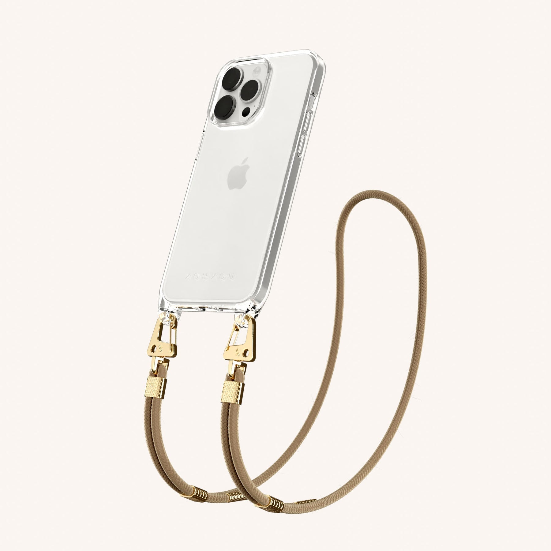 Phone Necklace with Carabiner Rope in Clear + Taupe