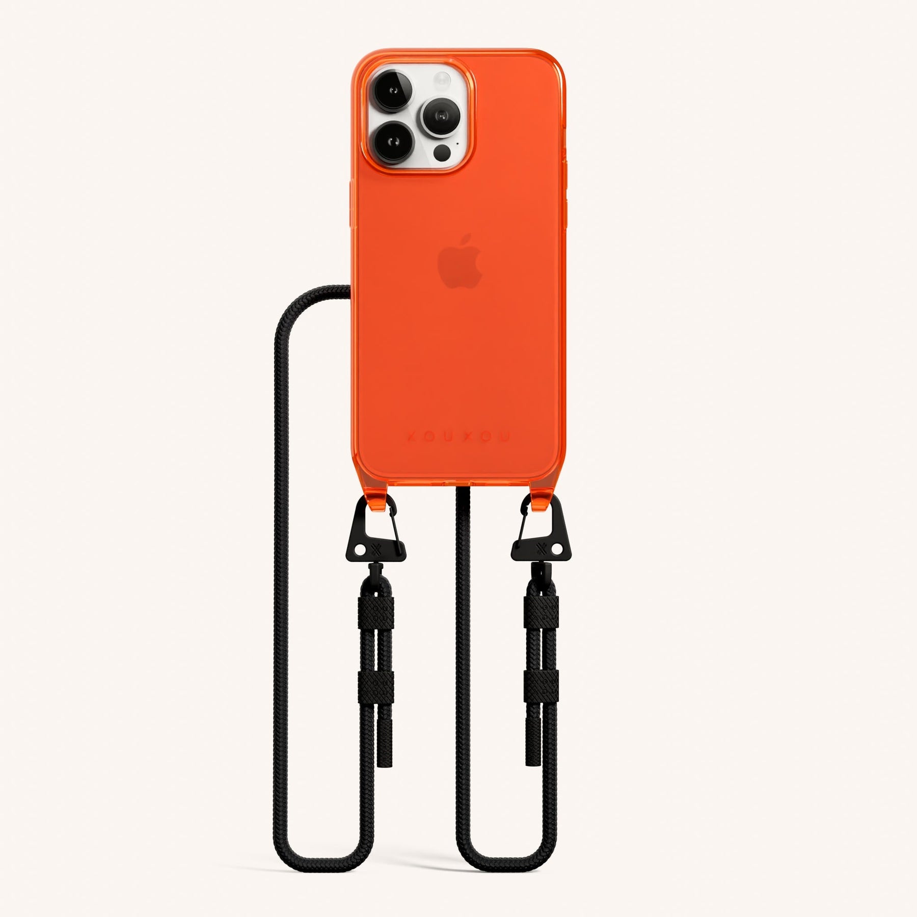 Phone Necklace with Carabiner Rope in Neon Orange Clear + Black