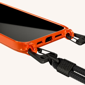 Phone Necklace with Carabiner Rope in Neon Orange Clear + Black