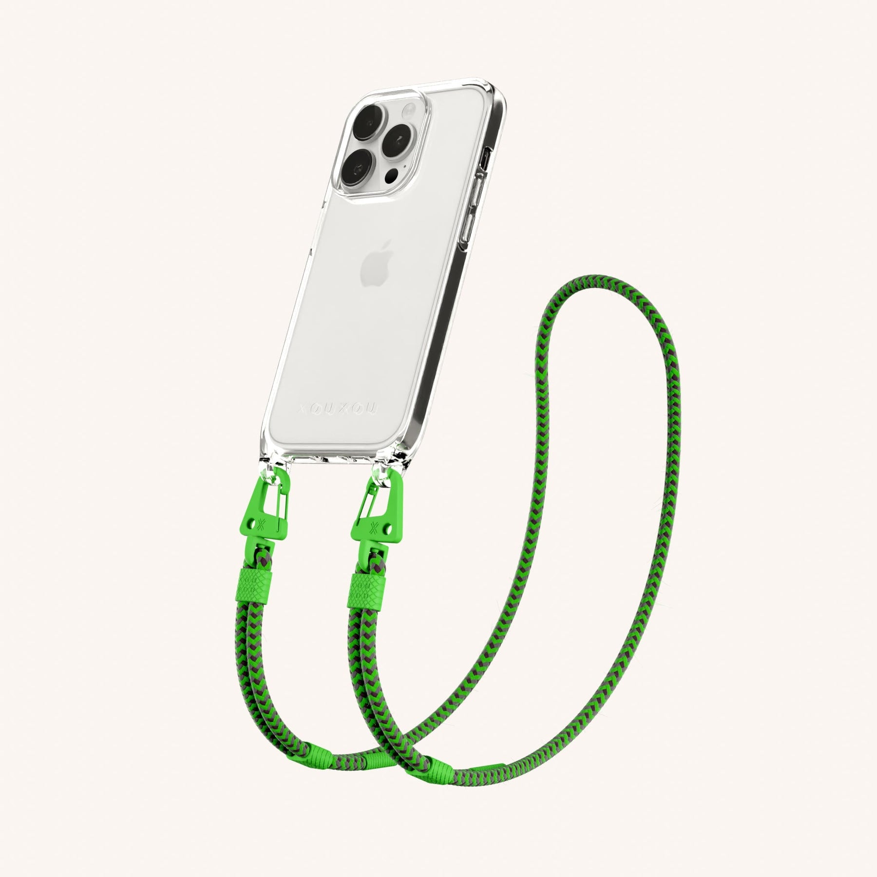 Phone Necklace with Carabiner Rope in Clear + Acid