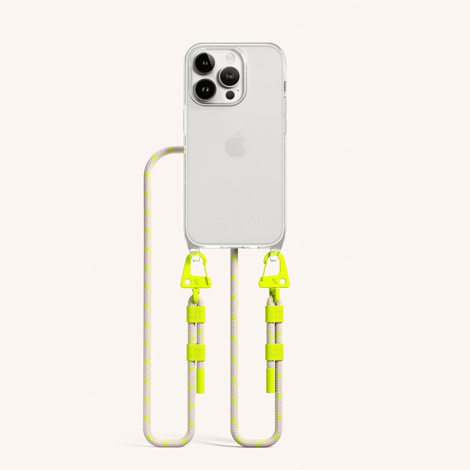 Phone Necklace with Carabiner Rope in Clear + Neon Camouflage