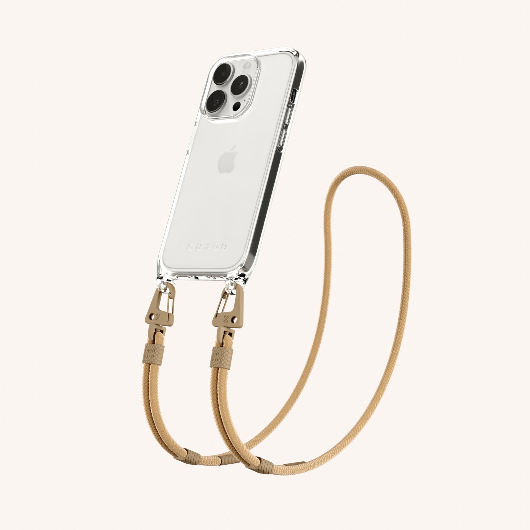 Phone Necklace with Carabiner Rope in Clear + Sand