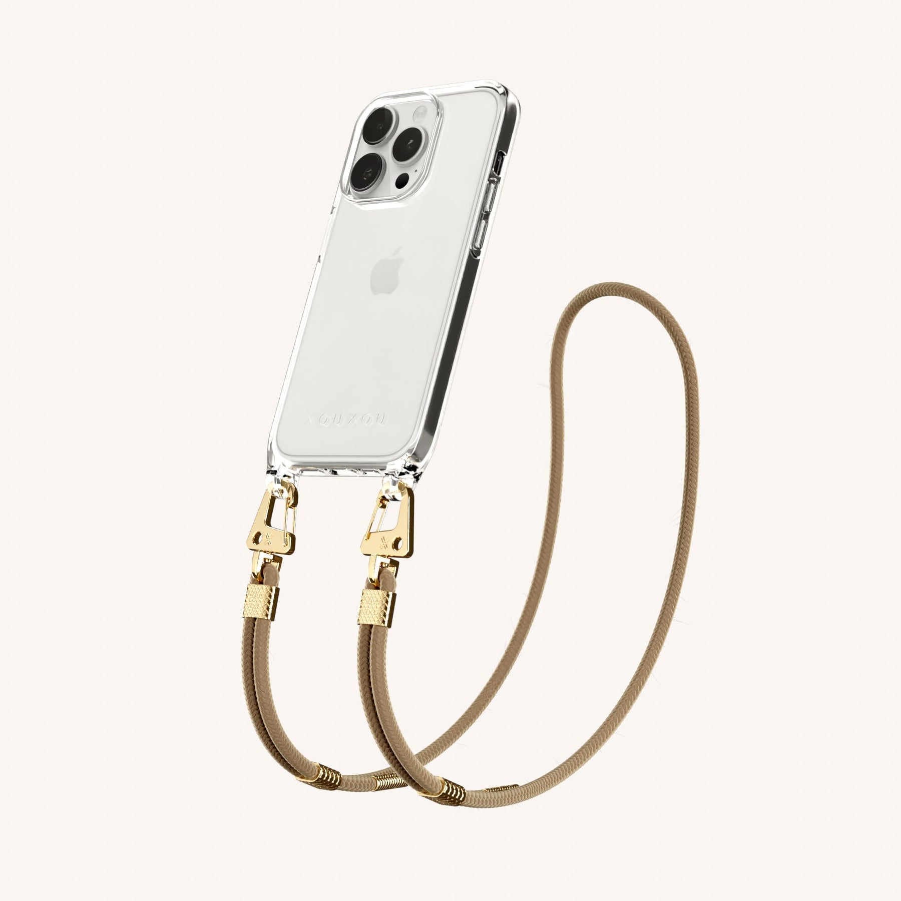 Phone Necklace with Carabiner Rope in Clear + Taupe