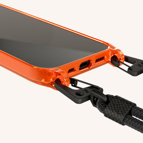 Phone Necklace with Carabiner Rope in Neon Orange Clear + Black