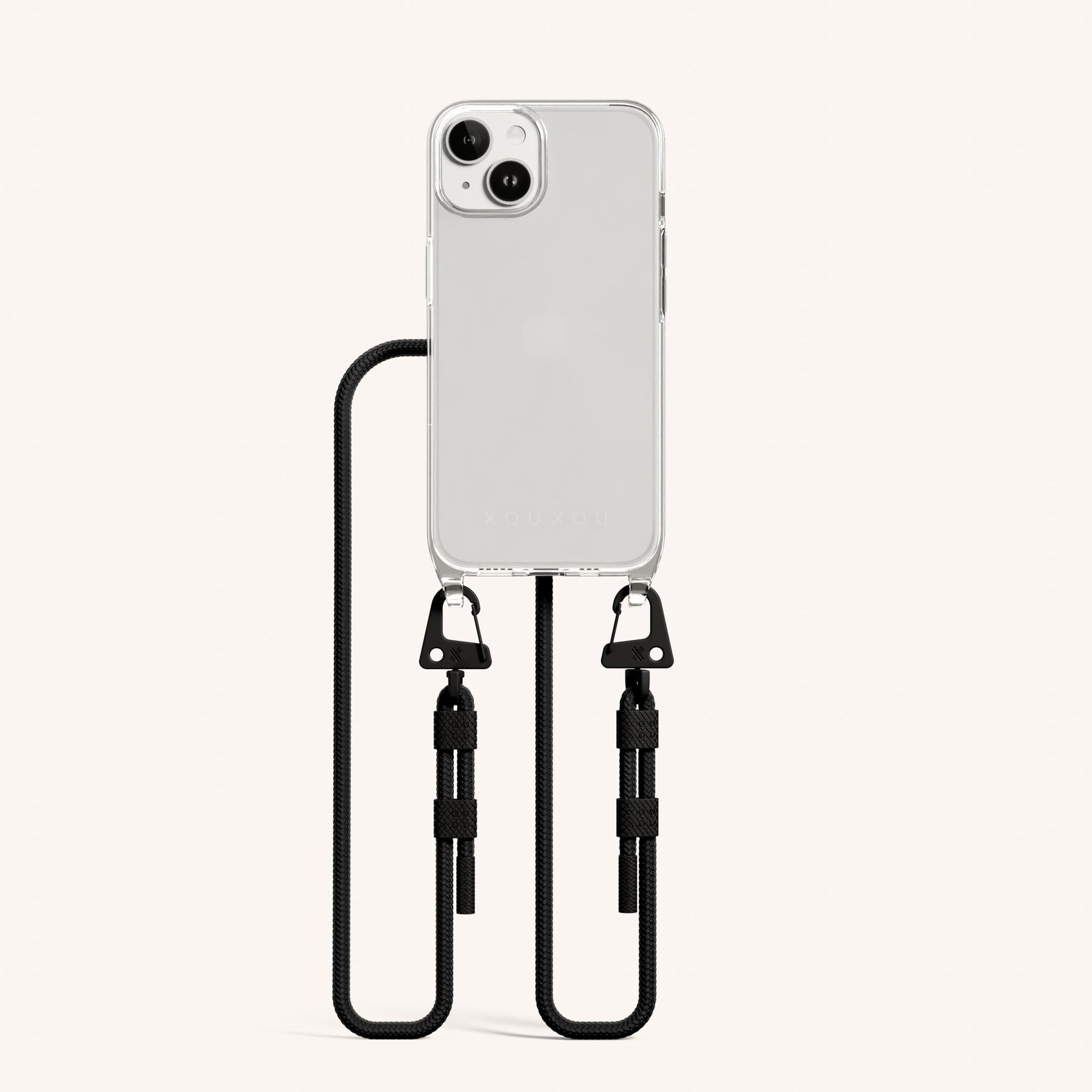 Phone Necklace with Carabiner Rope in Clear + Black