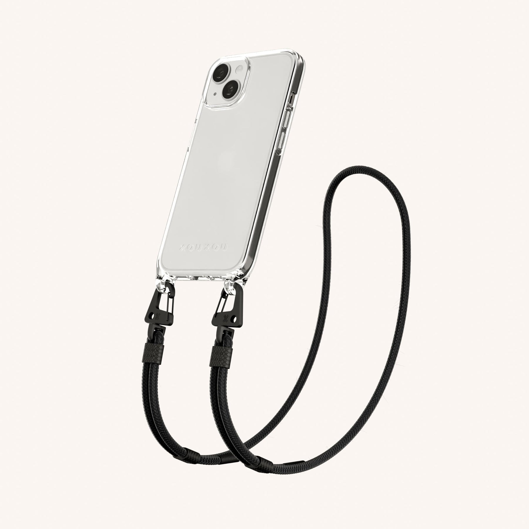 Phone Necklace with Carabiner Rope in Clear + Black