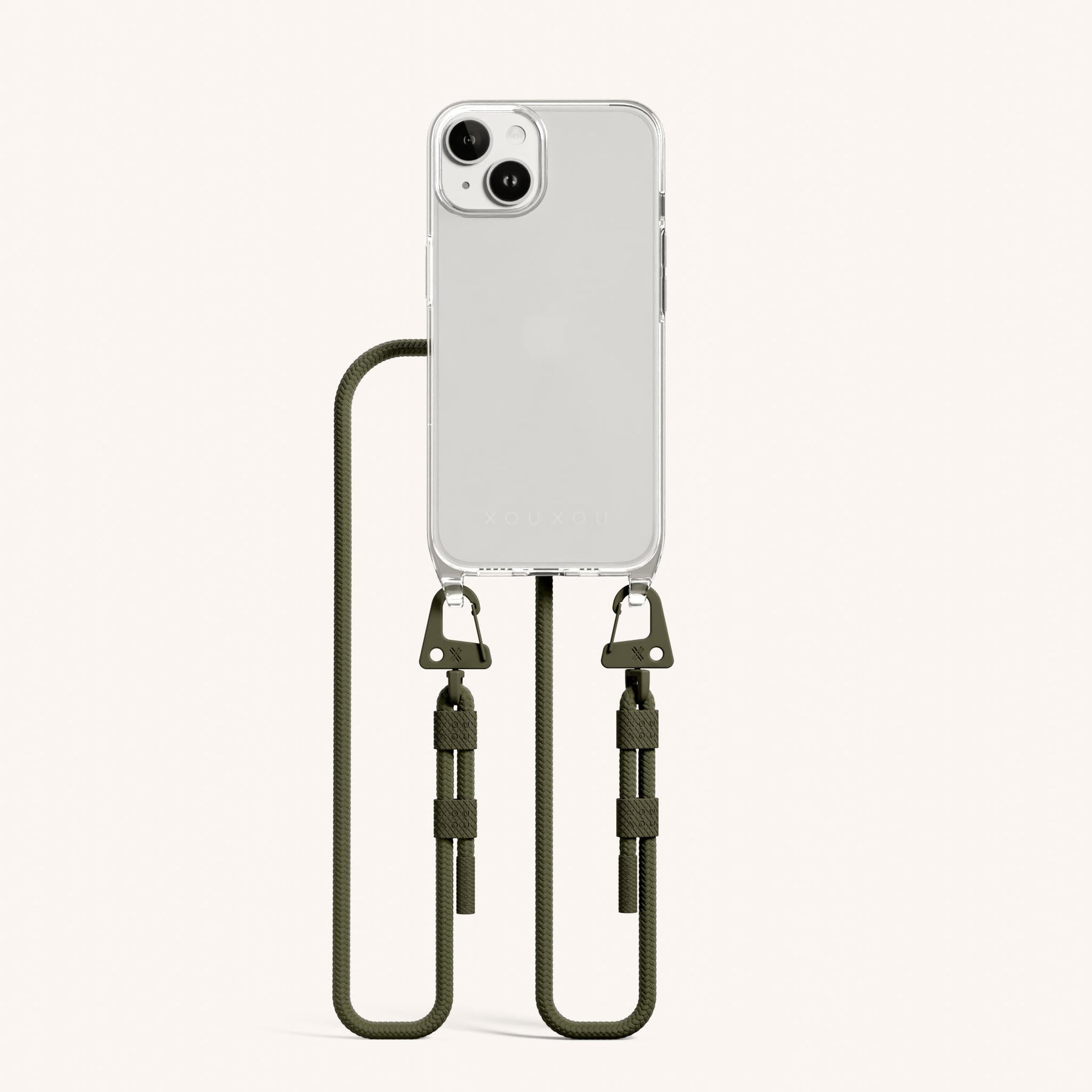 Phone Necklace with Carabiner Rope in Clear + Moss