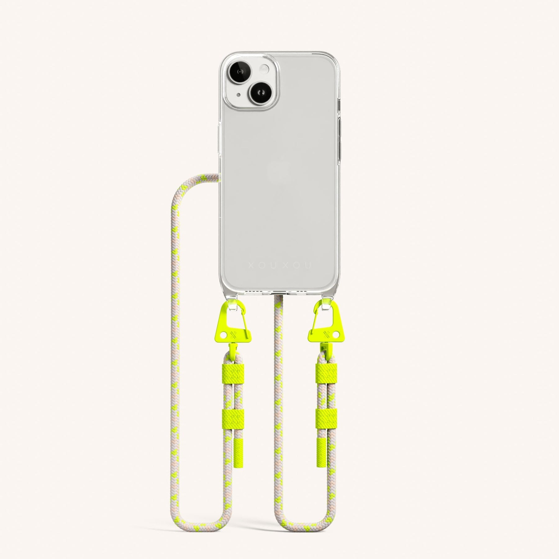 Phone Necklace with Carabiner Rope in Clear + Neon Camouflage