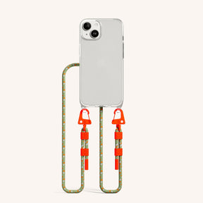 Phone Necklace with Carabiner Rope in Clear + Orange Camouflage