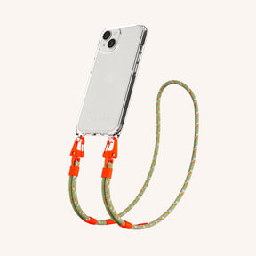 Phone Necklace with Carabiner Rope in Clear + Orange Camouflage