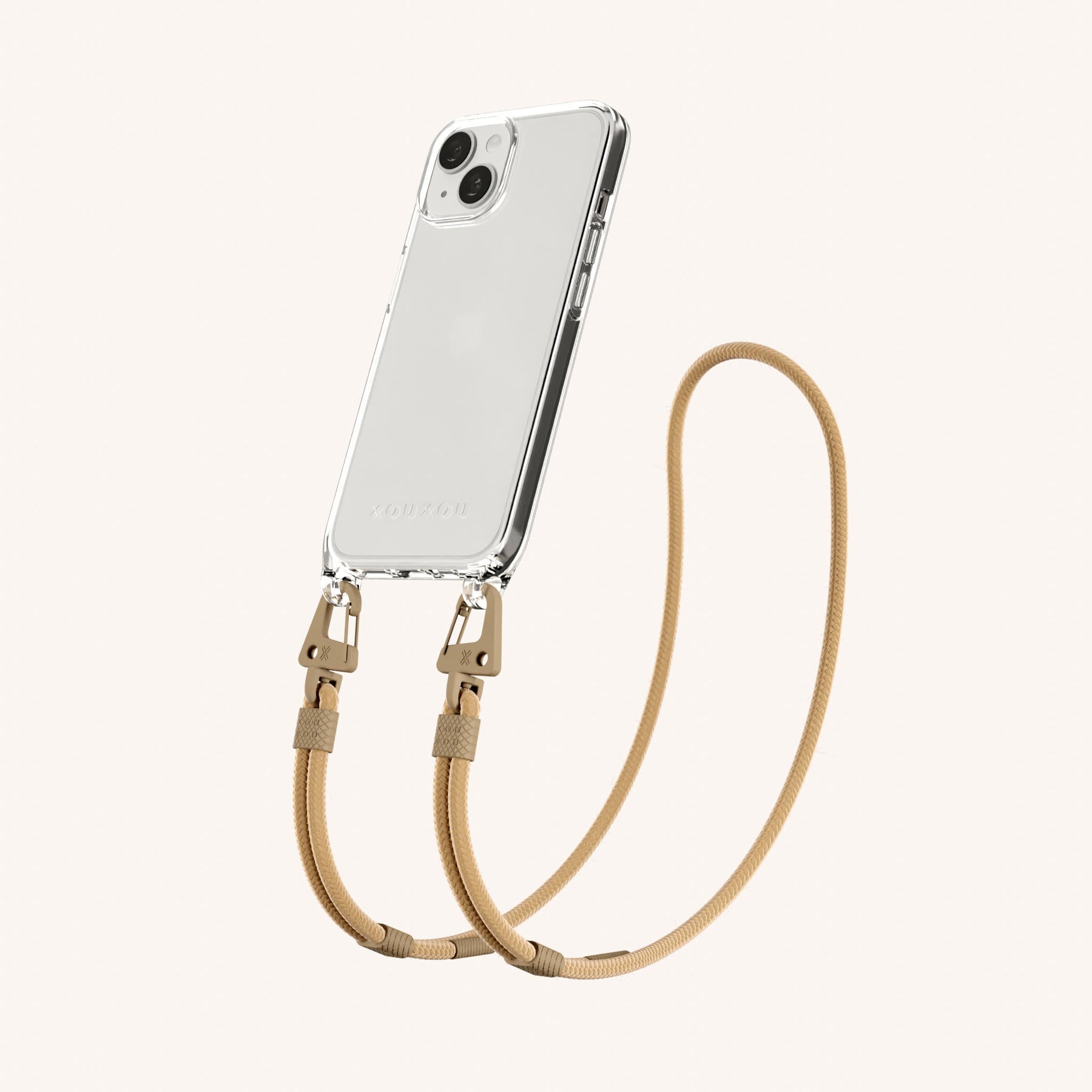 Phone Necklace with Carabiner Rope in Clear + Sand