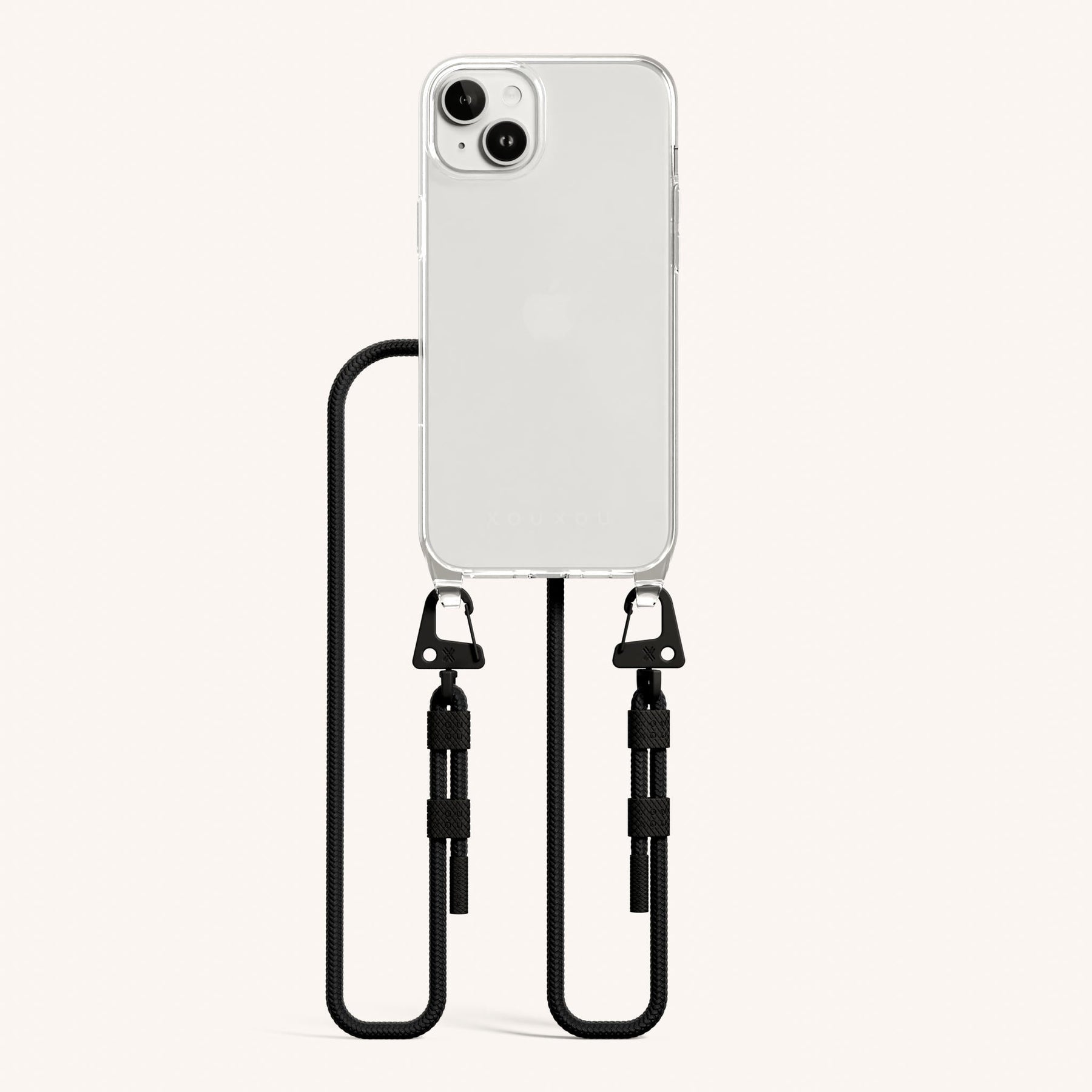 Phone Necklace with Carabiner Rope in Clear + Black