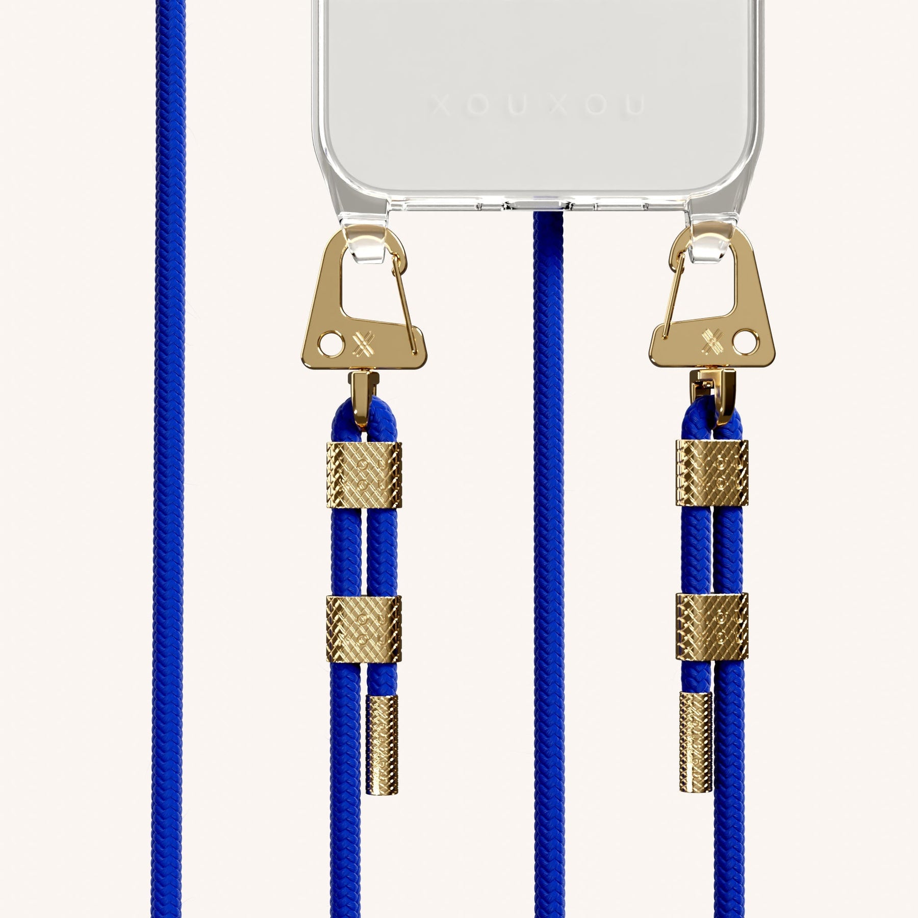 Phone Necklace with Carabiner Rope in Clear + Blue