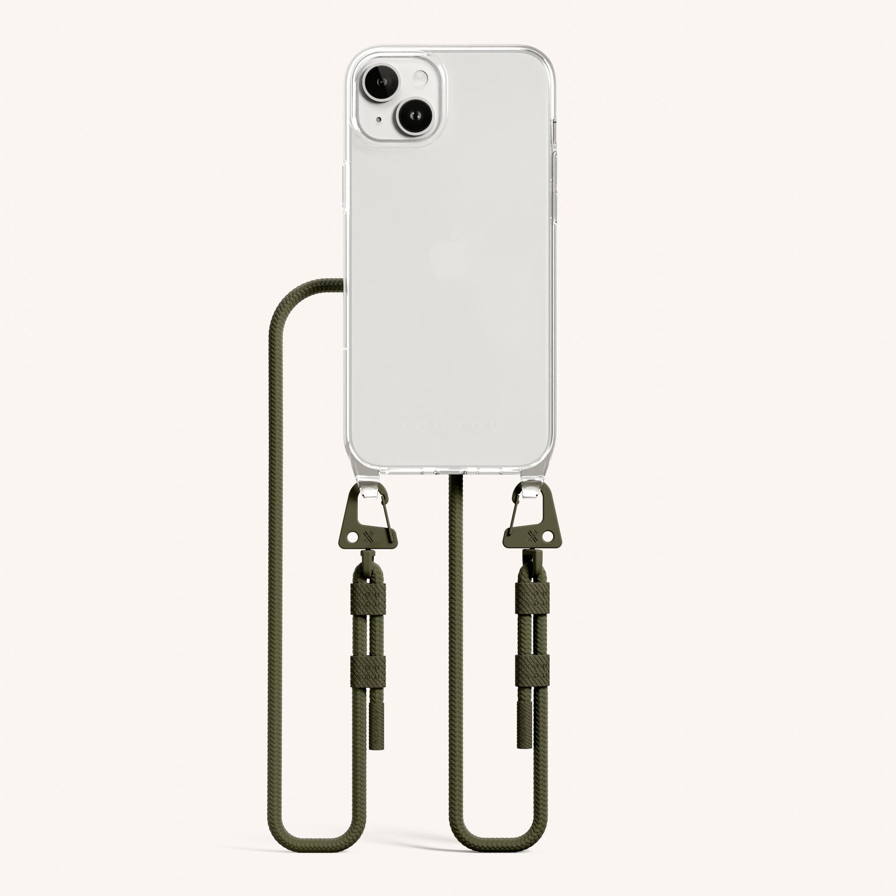 Phone Necklace with Carabiner Rope in Clear + Moss