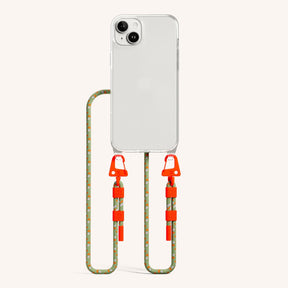 Phone Necklace with Carabiner Rope in Clear + Orange Camouflage