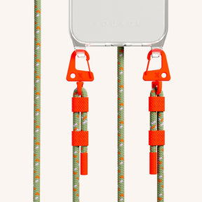 Phone Necklace with Carabiner Rope in Clear + Orange Camouflage