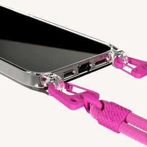 Phone Necklace with Carabiner Rope in Clear + Power Pink