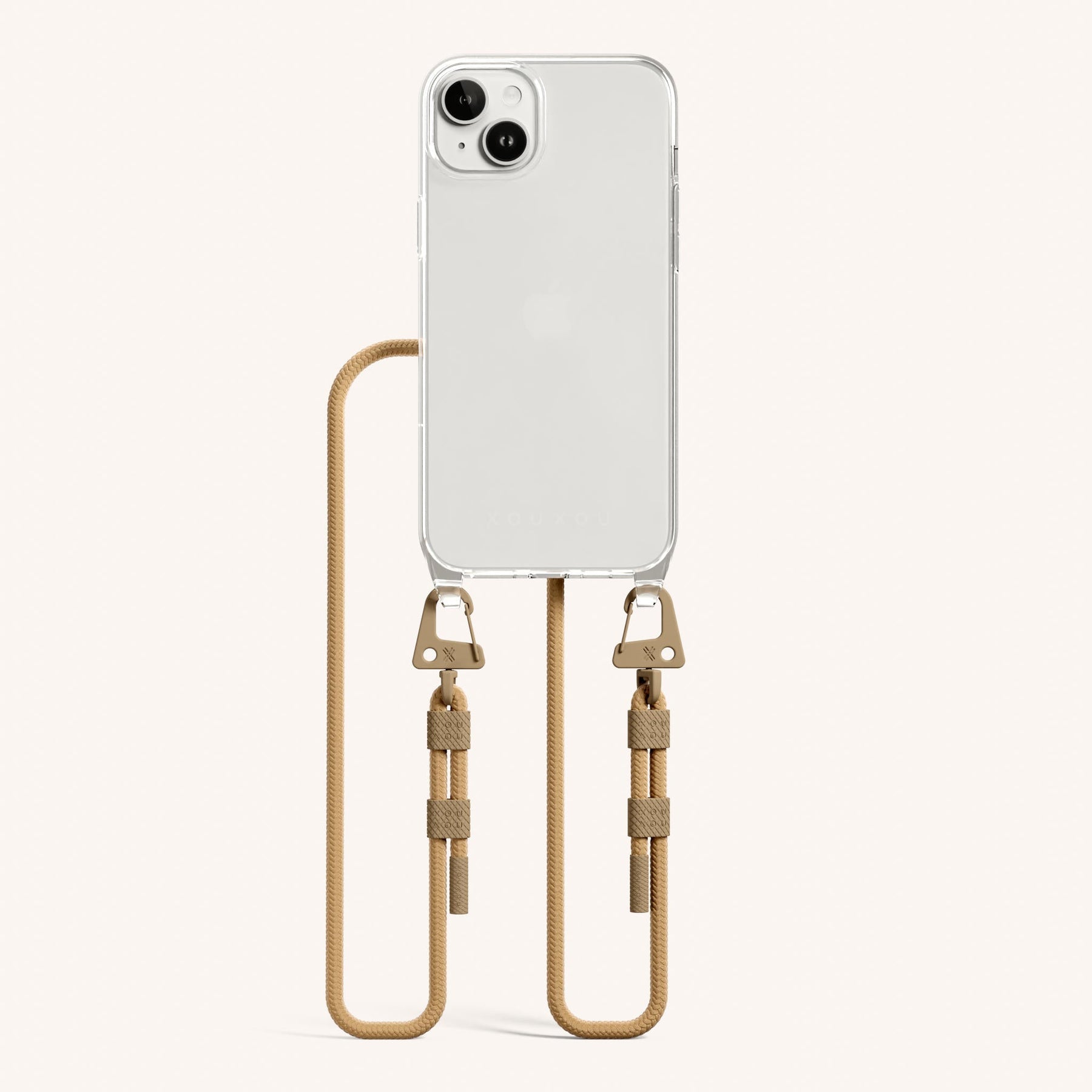 Phone Necklace with Carabiner Rope in Clear + Sand