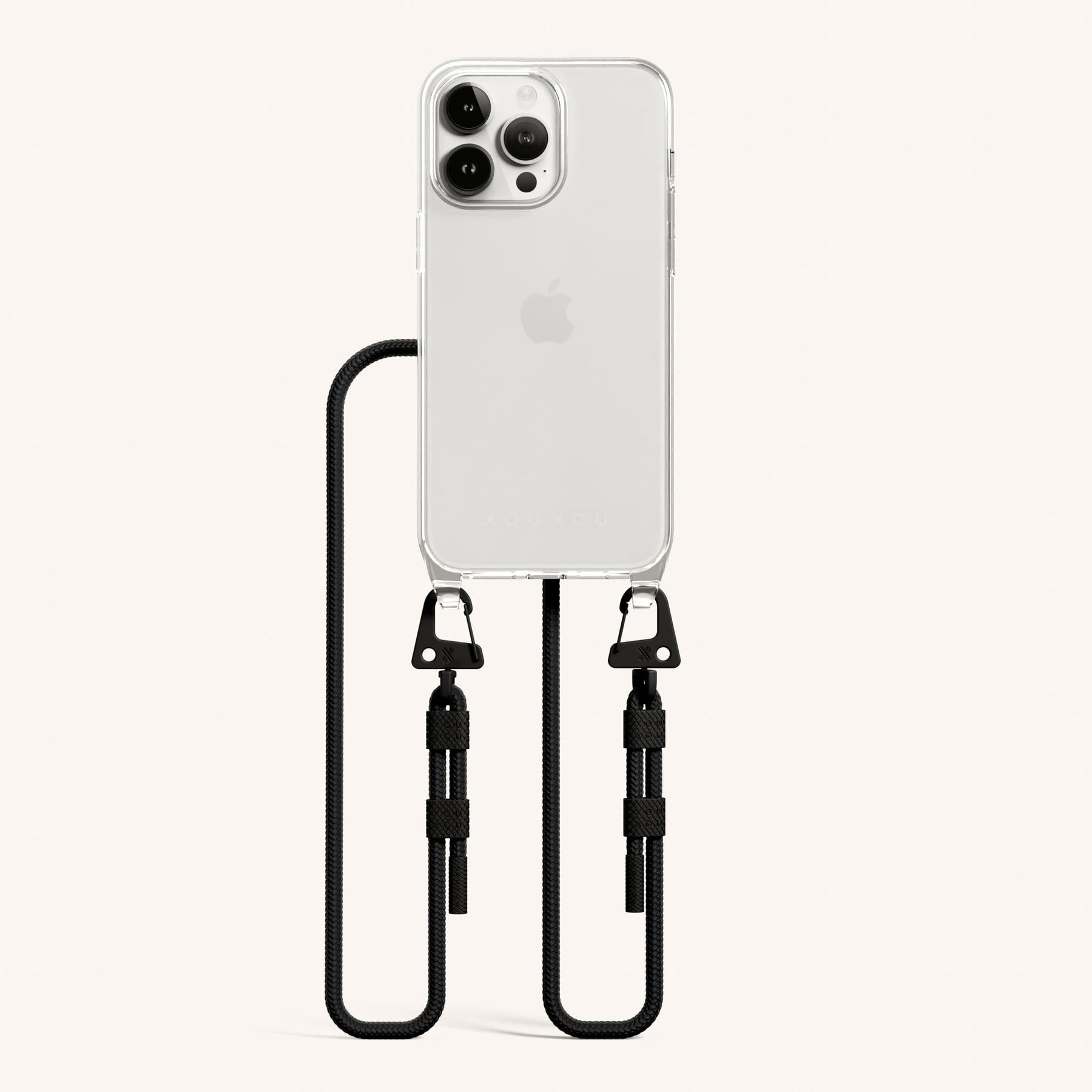 Phone Necklace with Carabiner Rope in Clear + Black