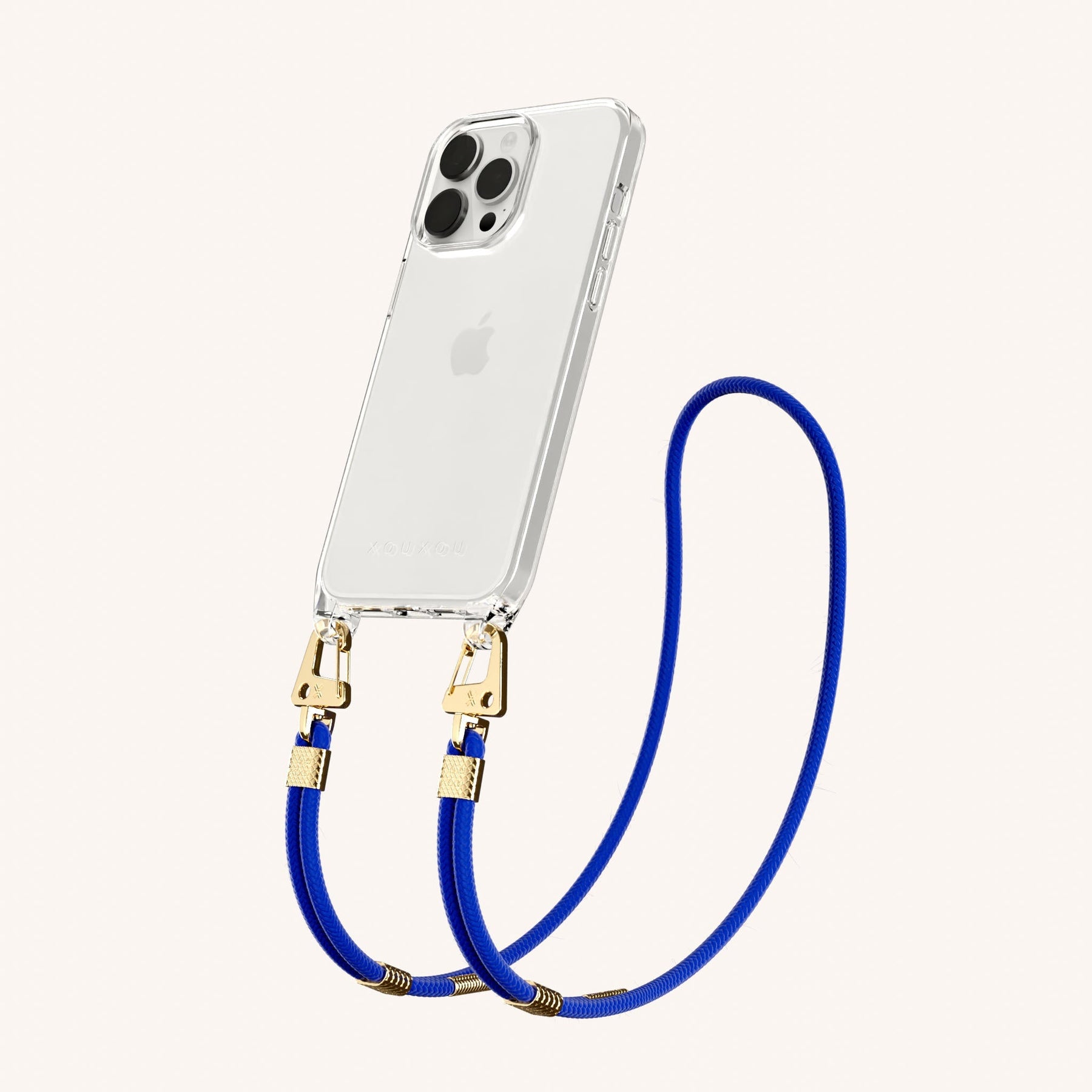 Phone Necklace with Carabiner Rope in Clear + Blue