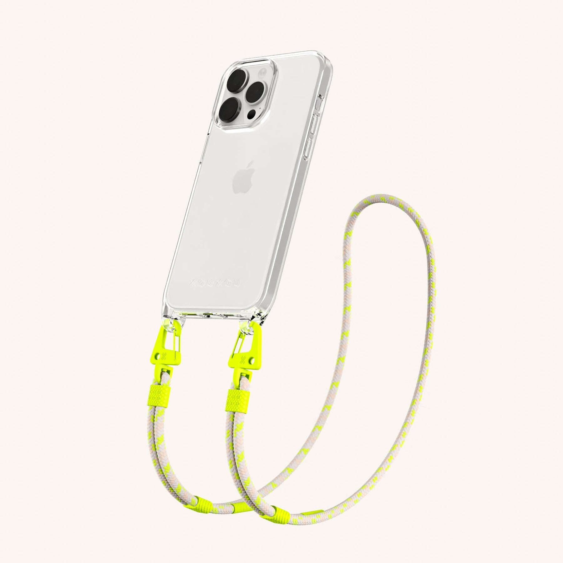 Phone Necklace with Carabiner Rope in Clear + Neon Camouflage