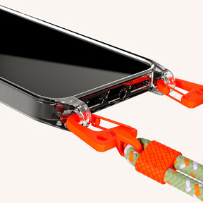 Phone Necklace with Carabiner Rope in Clear + Orange Camouflage