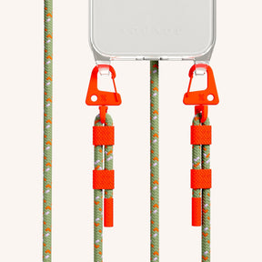 Phone Necklace with Carabiner Rope in Clear + Orange Camouflage