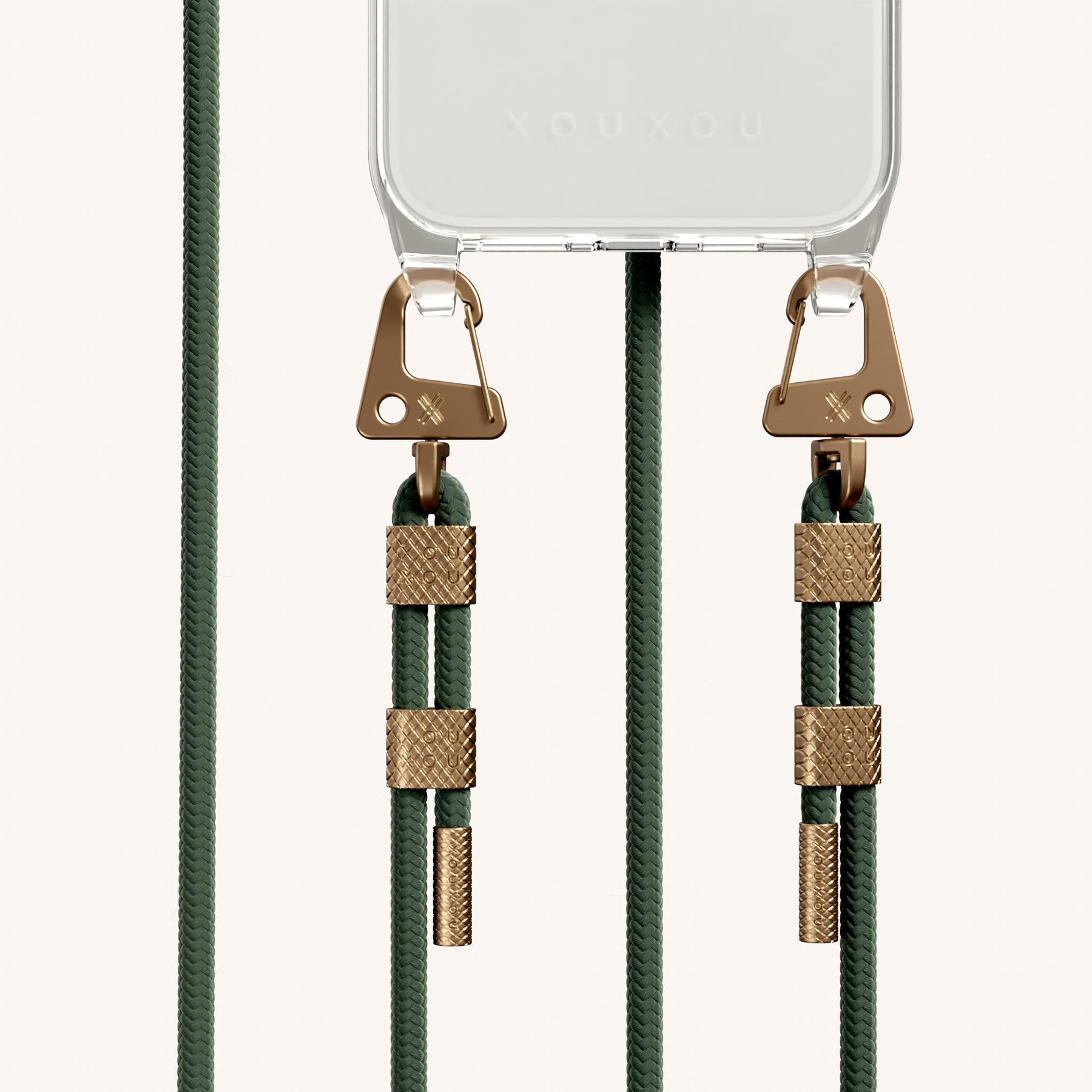 Phone Necklace with Carabiner Rope in Clear + Sage