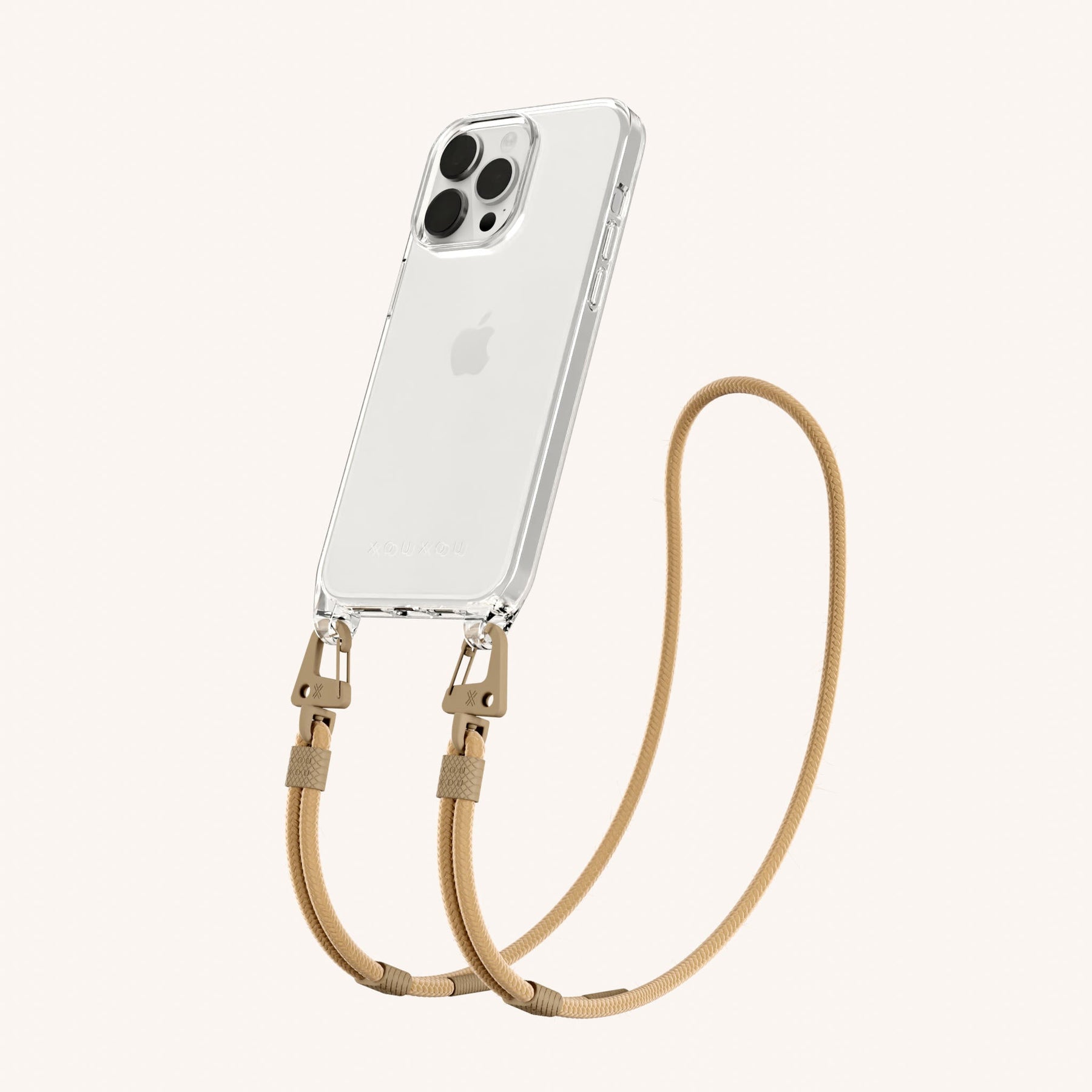 Phone Necklace with Carabiner Rope in Clear + Sand