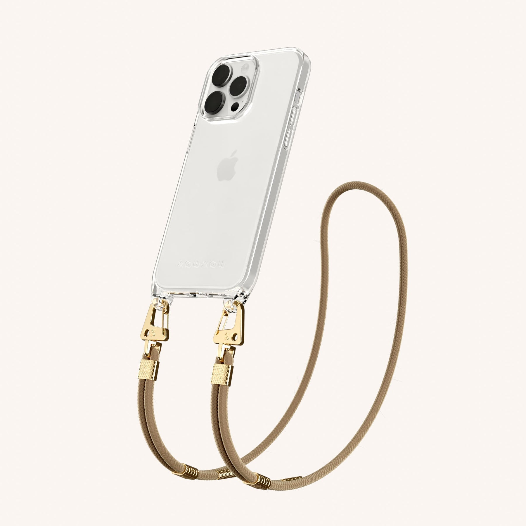 Phone Necklace with Carabiner Rope in Clear + Taupe