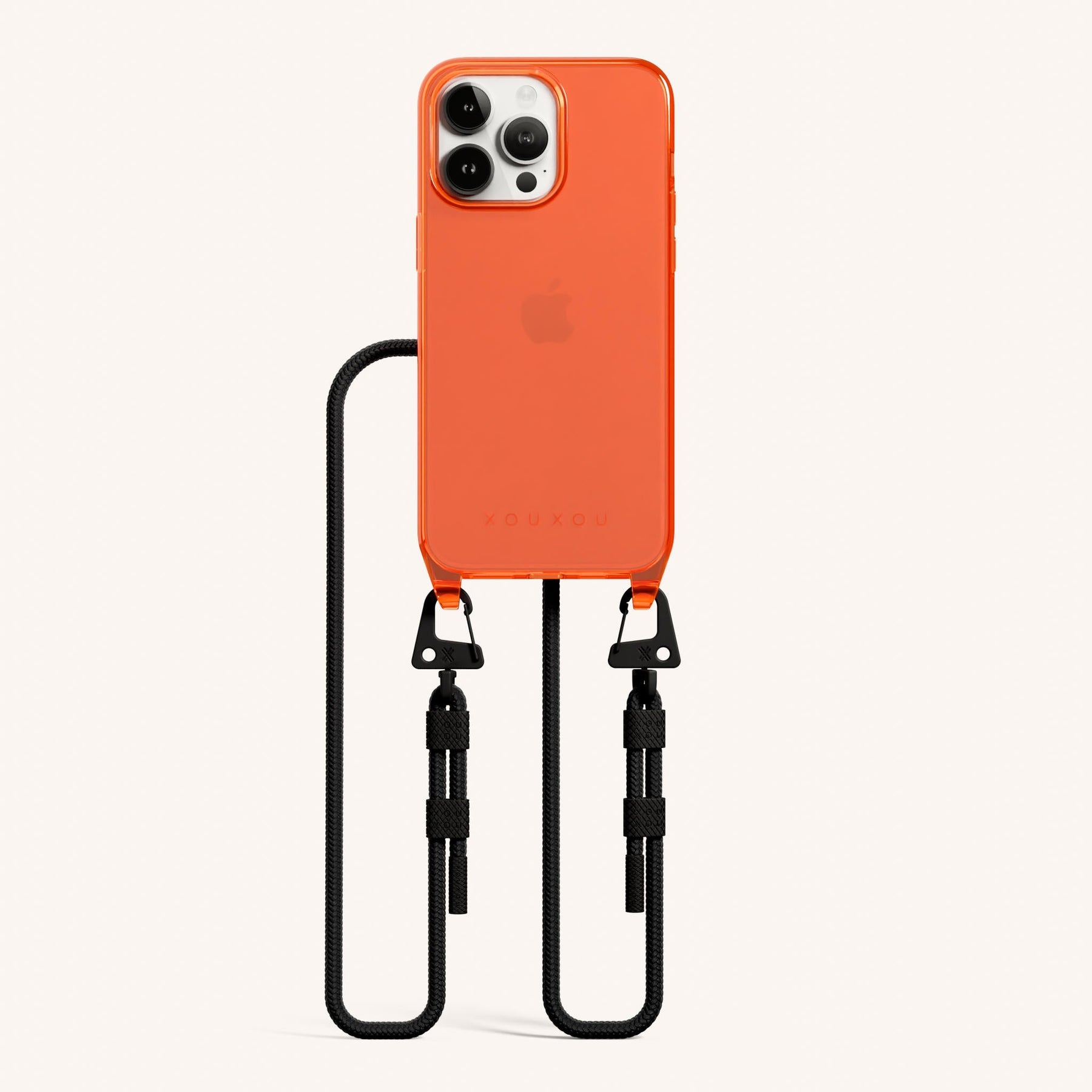 Phone Necklace with Carabiner Rope in Neon Orange Clear + Black