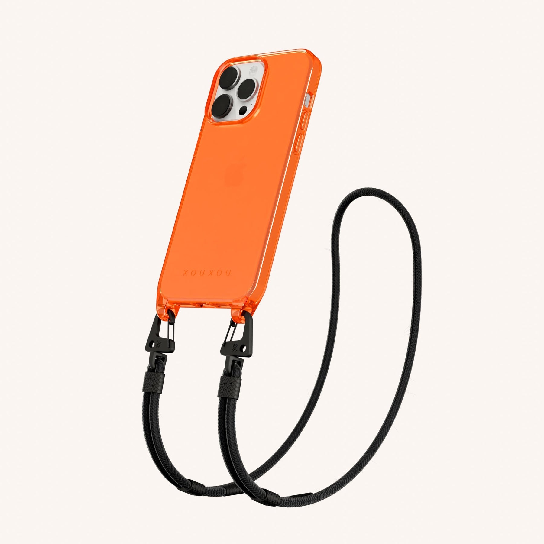 Phone Necklace with Carabiner Rope in Neon Orange Clear + Black