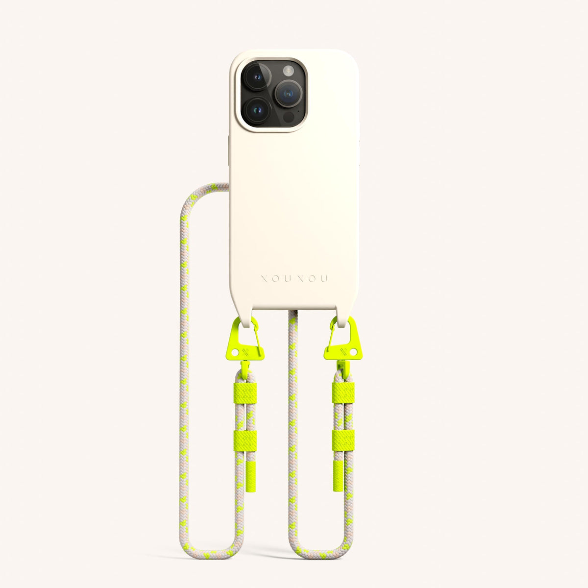 Phone Necklace with Carabiner Rope for iPhone 15 Pro with MagSafe in Chalk and Neon Total View | XOUXOU #phone model_iphone 15 pro