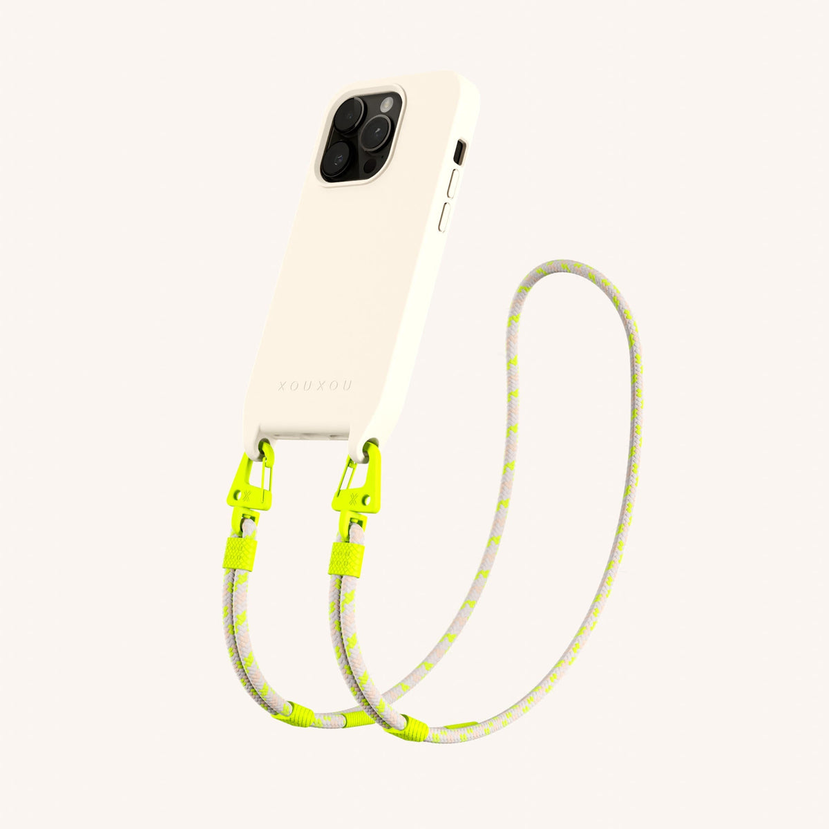 Phone Necklace with Carabiner Rope for iPhone 15 Pro with MagSafe in Chalk and Neon Total View | XOUXOU #phone model_iphone 15 pro