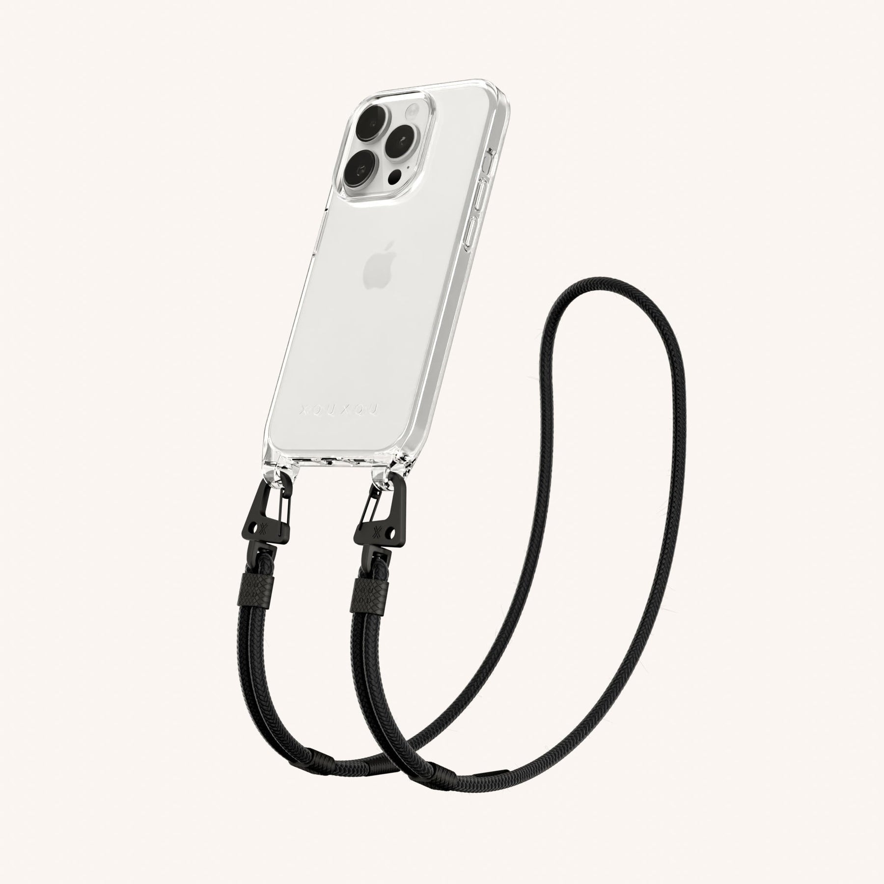 Phone Necklace with Carabiner Rope in Clear + Black