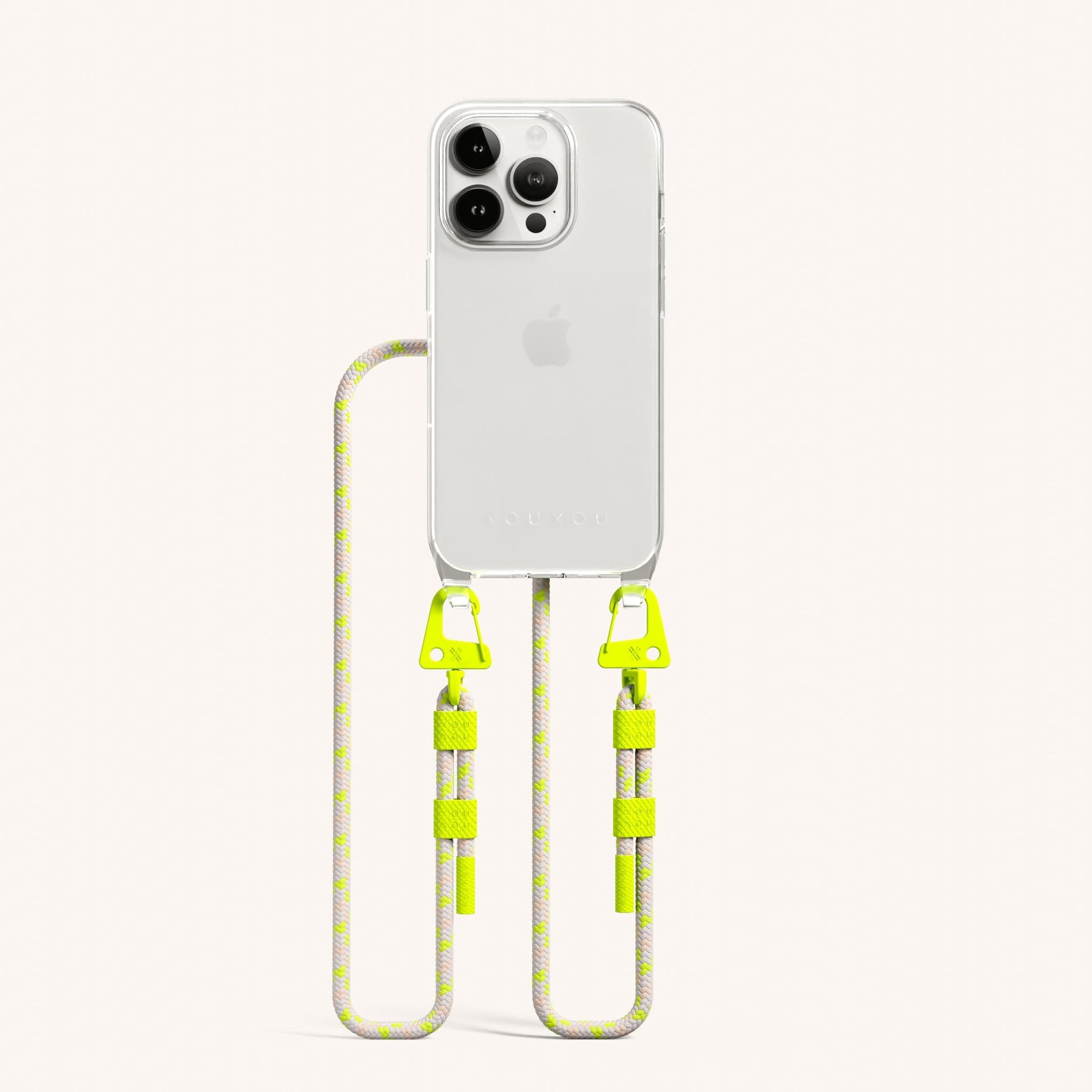 Phone Necklace with Carabiner Rope in Clear + Neon Camouflage