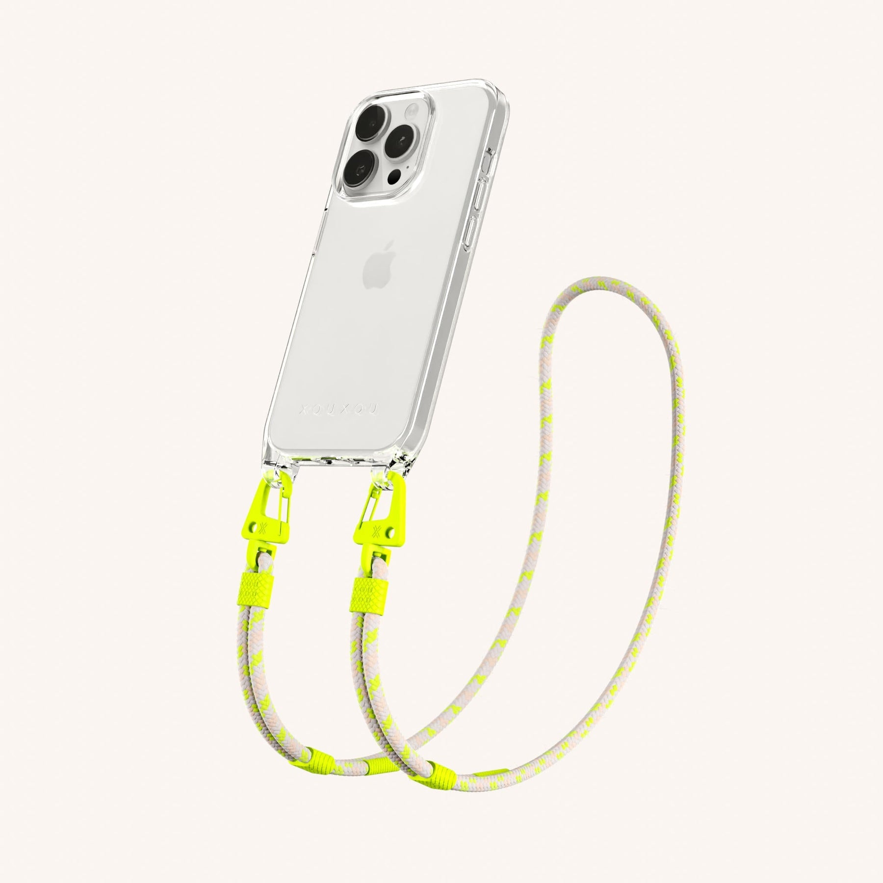 Phone Necklace with Carabiner Rope in Clear + Neon Camouflage