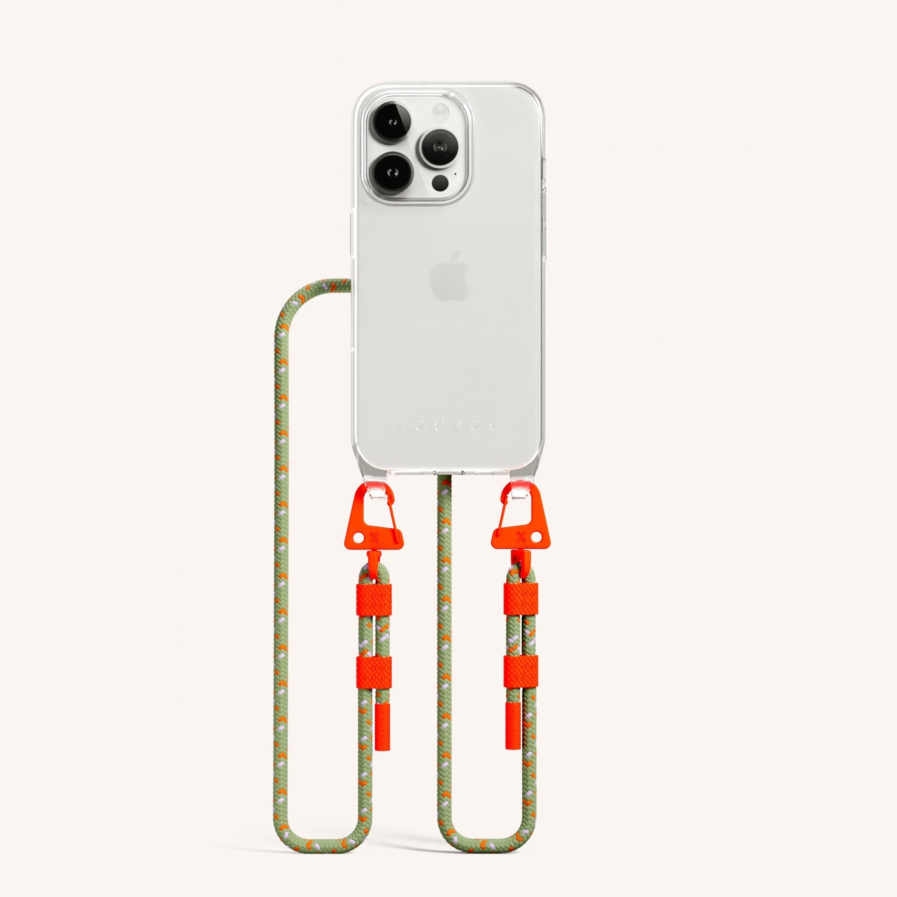 Phone Necklace with Carabiner Rope in Clear + Orange Camouflage