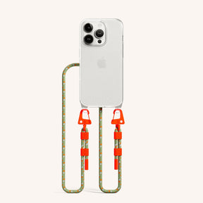 Phone Necklace with Carabiner Rope in Clear + Orange Camouflage