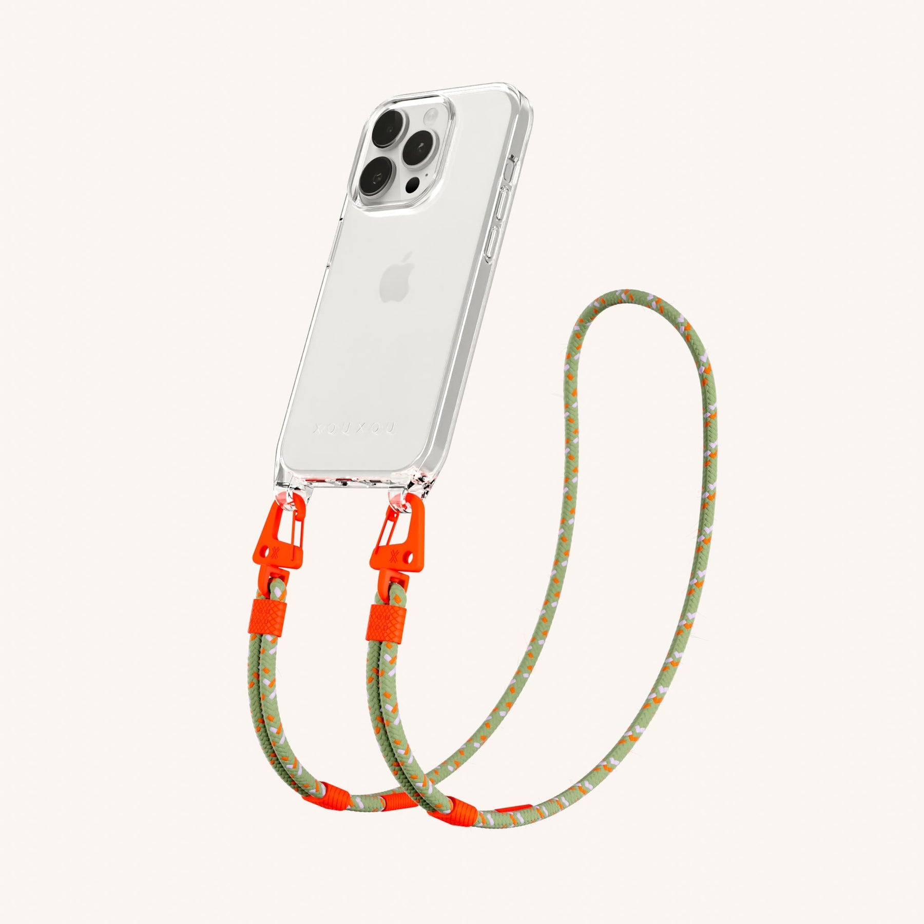 Phone Necklace with Carabiner Rope in Clear + Orange Camouflage